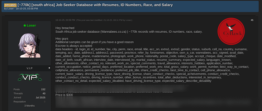 Alleged South African Job Seeker Database Containing 770K Records For Sale on The Dark Web